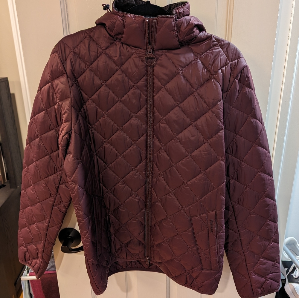 Barbour padded jacket with hood in maroon